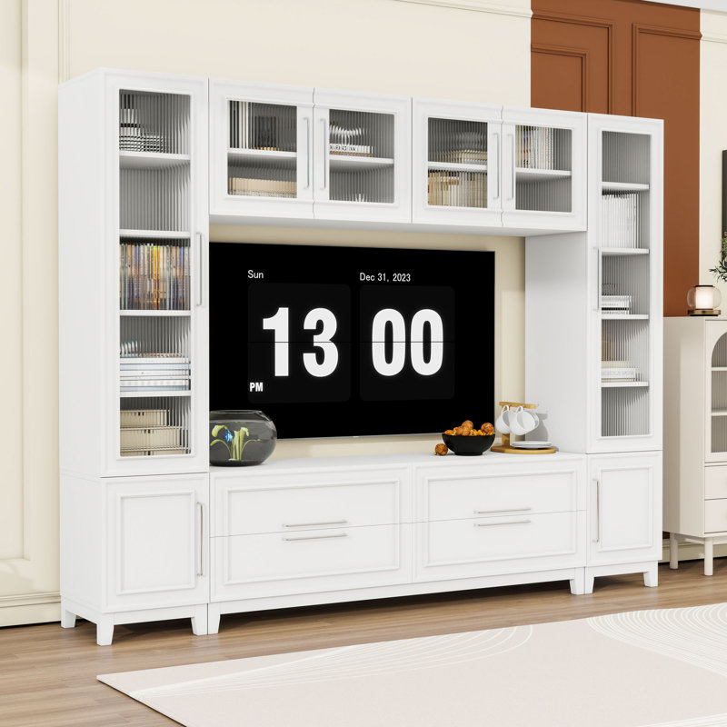 Modern Full-Wall Entertainment Center with Spacious Storage and Fluted Glass Cabinets for TVs Up to 75", White