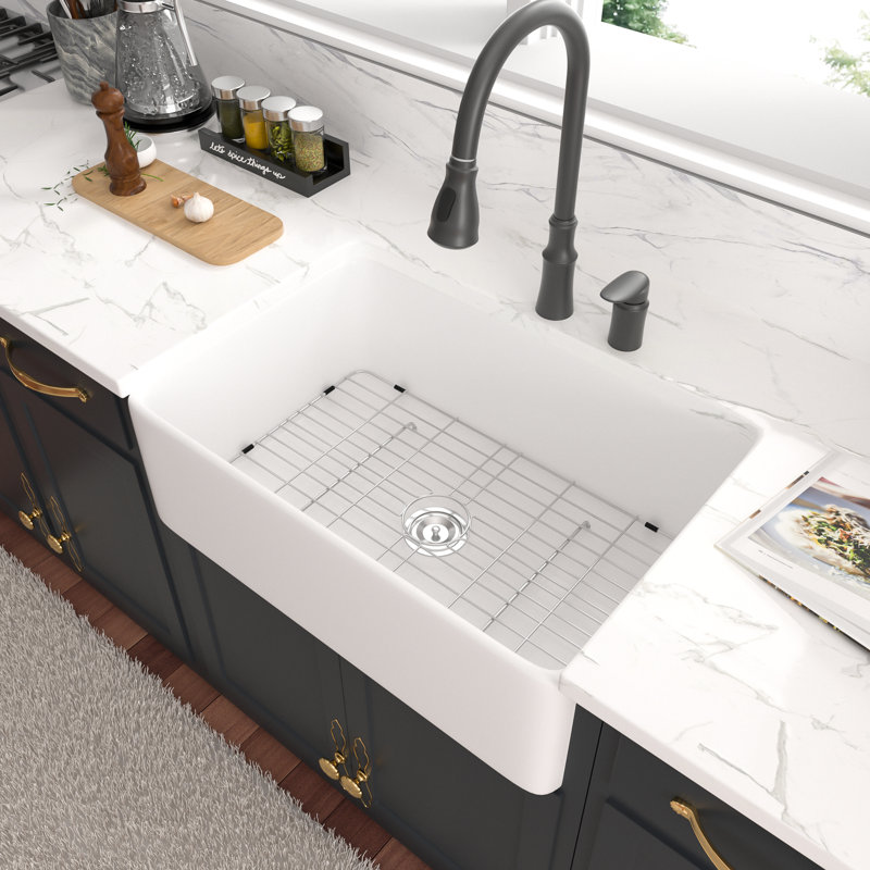 30" L x 20" W Farmhouse / Apron Single Bowl Ceramic Kitchen Sink with Sink Grid and Basket Strainer