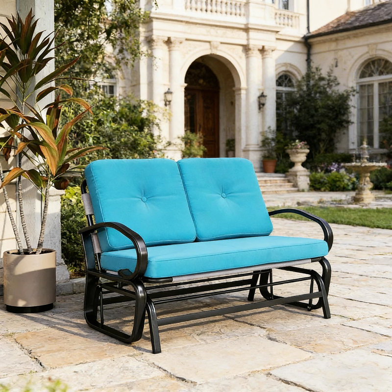 Banc de patio bleu avec filet respirant, structure et coussins en acier, idéal pour la détente en plein air, l 47,25 po x P 29,5 po x H 32,25 po, pour 2 personnes