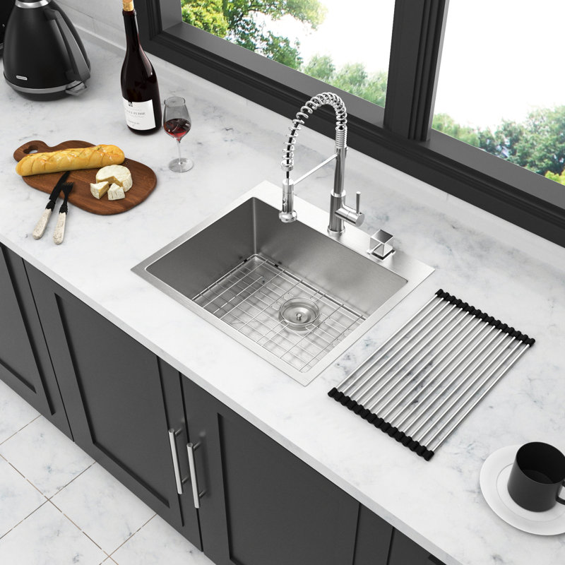 28" Single Bowl Topmount Kitchen Sink 28X22x10 - Stainless Steel 16G T304, Sound Blocking Pad, Unhindered Drainage Method, R10 Corner, Brushed Nickel 16 Gauge Soundproof Coating, Easy Drain,