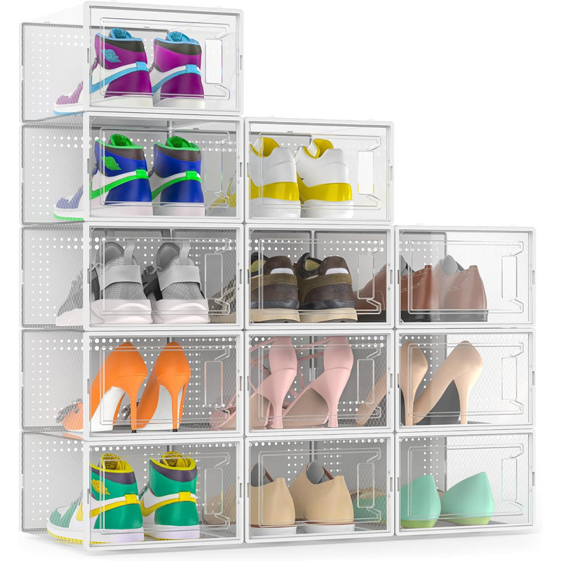 12 Pack Clear Plastic Stackable Shoe Organizer Boxes With Lids, Modular Space-Saving Shoe Storage Containers For Closet, Wardrobe, And Entryway