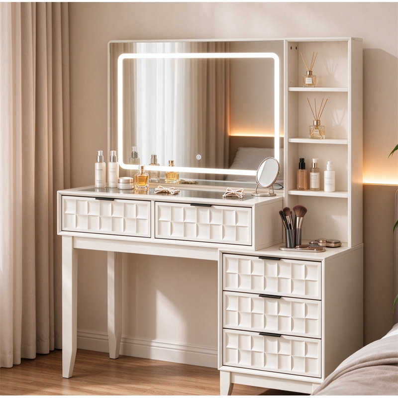 Dressing table, large glass countertop dressing table with LED mirror and built-in power supply, White
