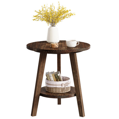 Rustic Solid Wood Round Side Table With Storage Shelf For Living Room