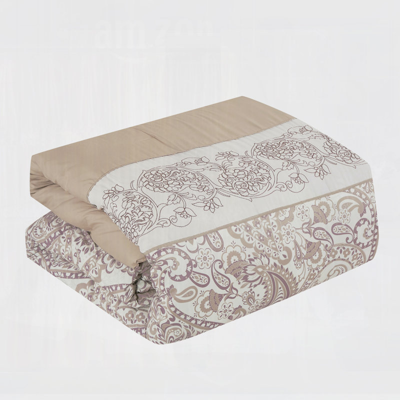 Ensemble d'édredon en microfibre brodé et imprimé 7 pièces beige et brun avec taies décoratives et coussins décoratifs
