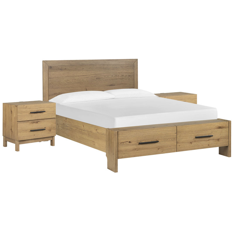 Très grand lit à panneau de rangement avec 2 tables de chevet Cayt California, Trois pièces : lit et deux tables de chevet