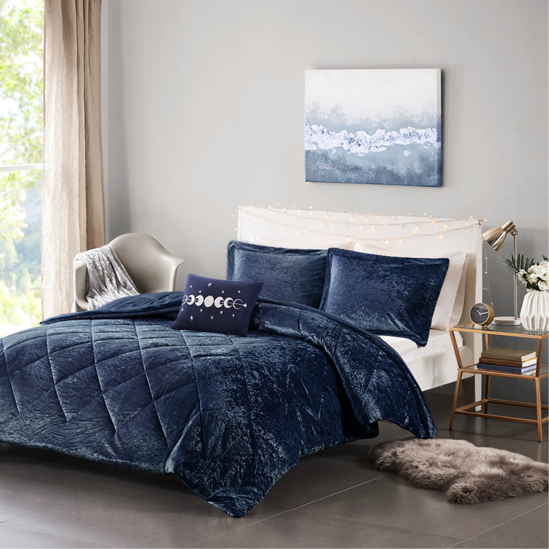 Édredon en velours bleu marine Elegant, Édredon simple 4 pièces supplémentaires, Marine