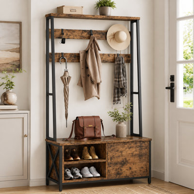Entryway Hall Tree with Bench, Shoe Storage, 6 Removable Hooks and Cabinet, 31.5" W, Brown