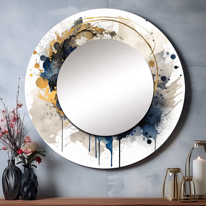 Rabiaa bleu jaune Minimalims Fludity II - miroir minimaliste, miroir mural rond bleu, impression sur métal, 29 po x 29 po