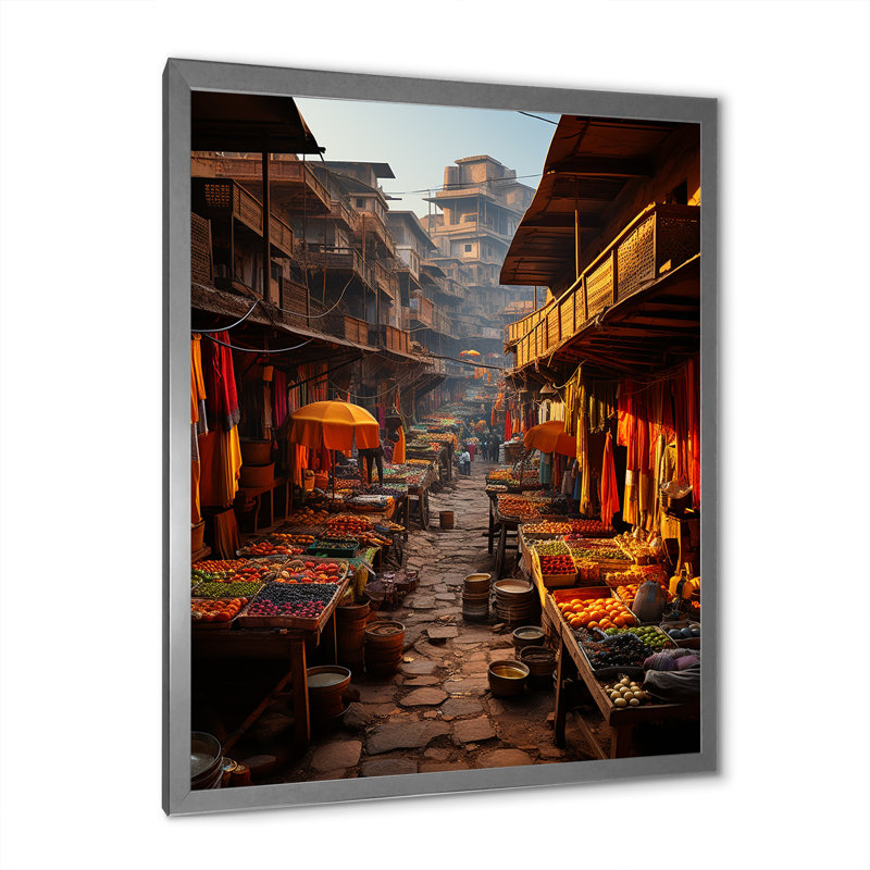 «Yavonna Indian Art Vibrant Bazars», reproduction sur toile, H 44 po x l 34 po x P 1,5 po, Cadre simple argenté