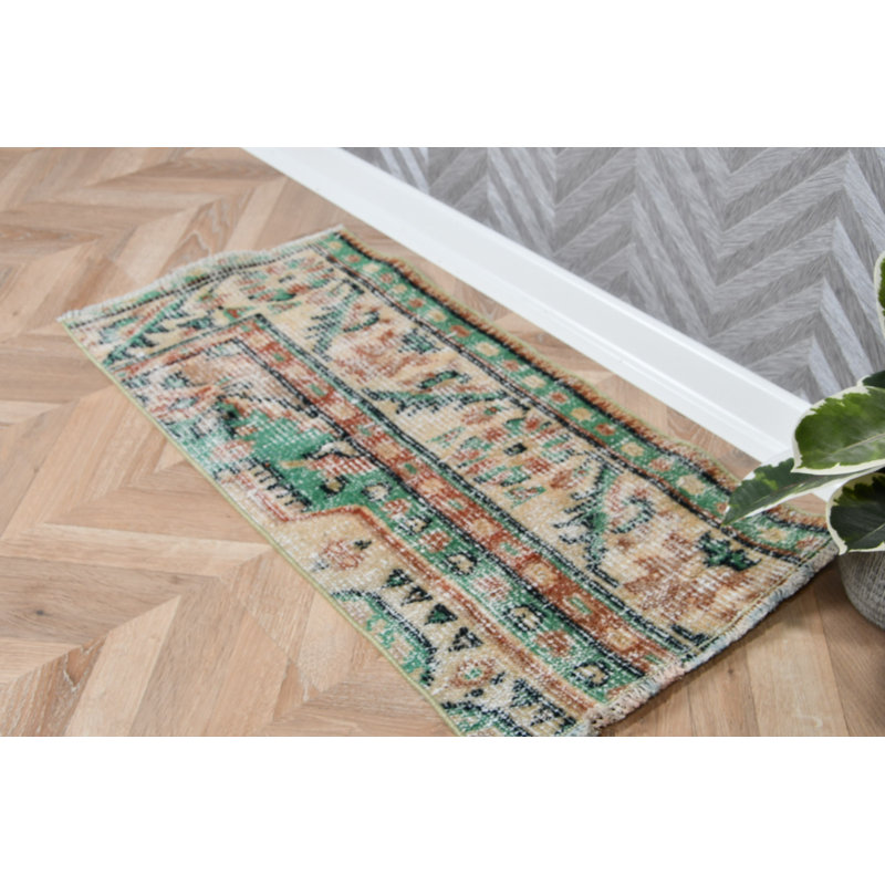 Small Vintage Turkish Green Wool Rug Ideal for Bathroom Use and as Door Mat with Anatolian Design