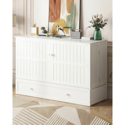 Queen Murphy Bed Chest With Large Storage Drawer & Charging Station, White