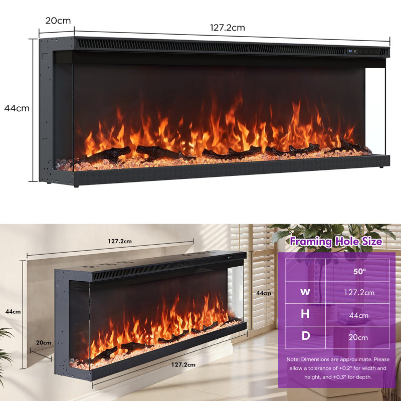Advait 3-Sided Panoramic Electric Fireplace with 12-Color LED Flames, Recessed or Wall Mounted, 44cm x 127.2cmx 20cm