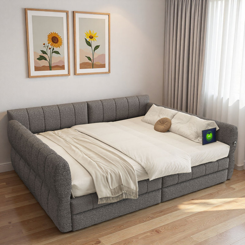 Upholstered Daybed With Usb And 2 Drawers, Gray