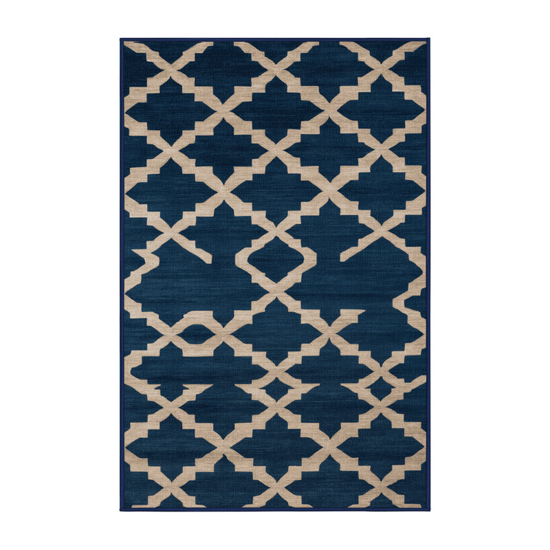 Machine Washable Trellis Blue Area Rug, Rectangle 7' x 10'