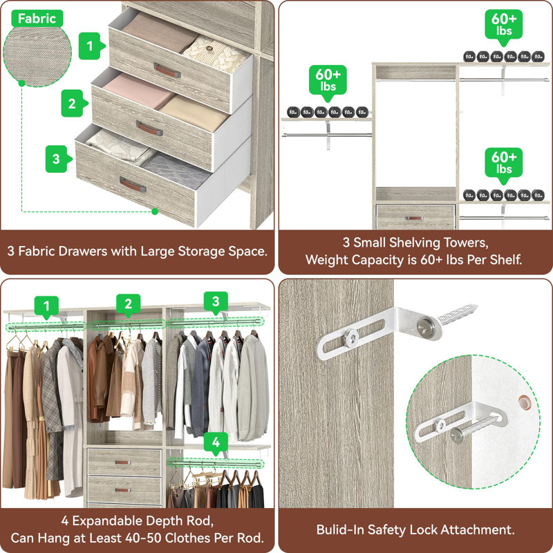 Nakada 19'' - 59" W Small Closet System with Drawers, Wood