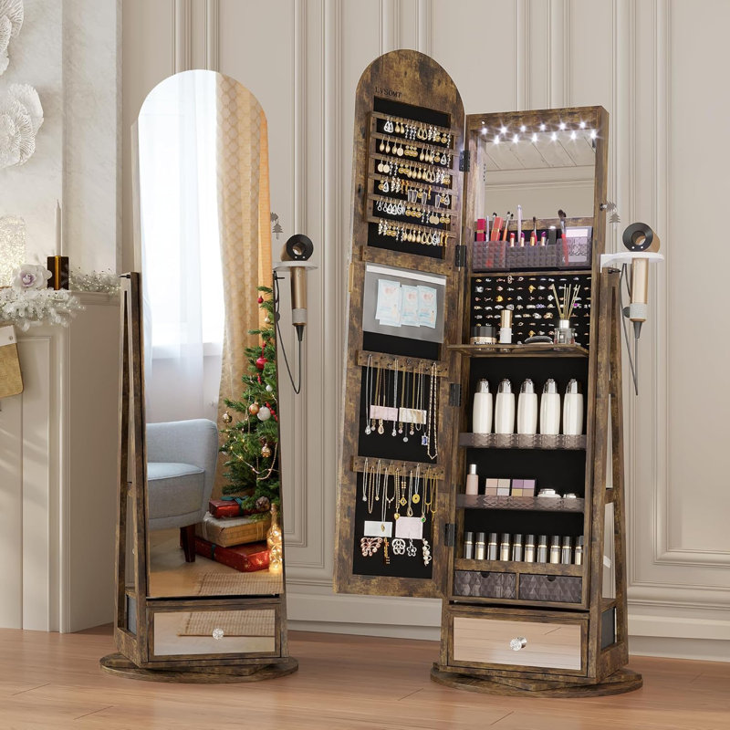 360° Swivel Arched Jewelry Mirror Cabinet, 64"H Standing Jewelry Armoire with 6 LED Lights, Lockable Jewelry Organizer, Arch Full Length Mirror with Storage, Inner Shelf, Drawers