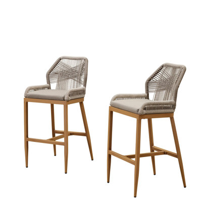 Purple Leaf Patio Upcycled Fabric Bar Stools 28" H Set Of 2 Handwoven Wicker Bar Height Stool Modern Aluminum High Bar Chairs Outdoor Wicker Barstools by Purple Leaf