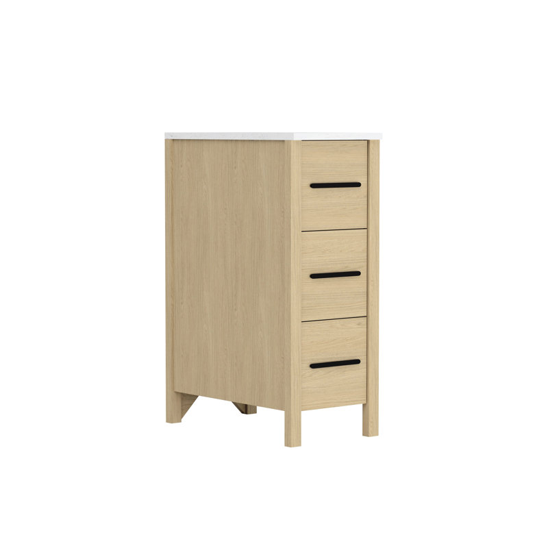Meuble-lavabo autoportant de 30 cm avec comptoir, revêtement en contreplaqué, base indépendante à motif texturé, fermeture de tiroir lisse, assemblage simple, style moderne, fini bois naturel.