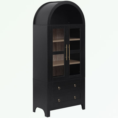 Tall Arched Kitchen Pantry Cabinet with 2 Drawers, Adjustable Shelves and Glass Door