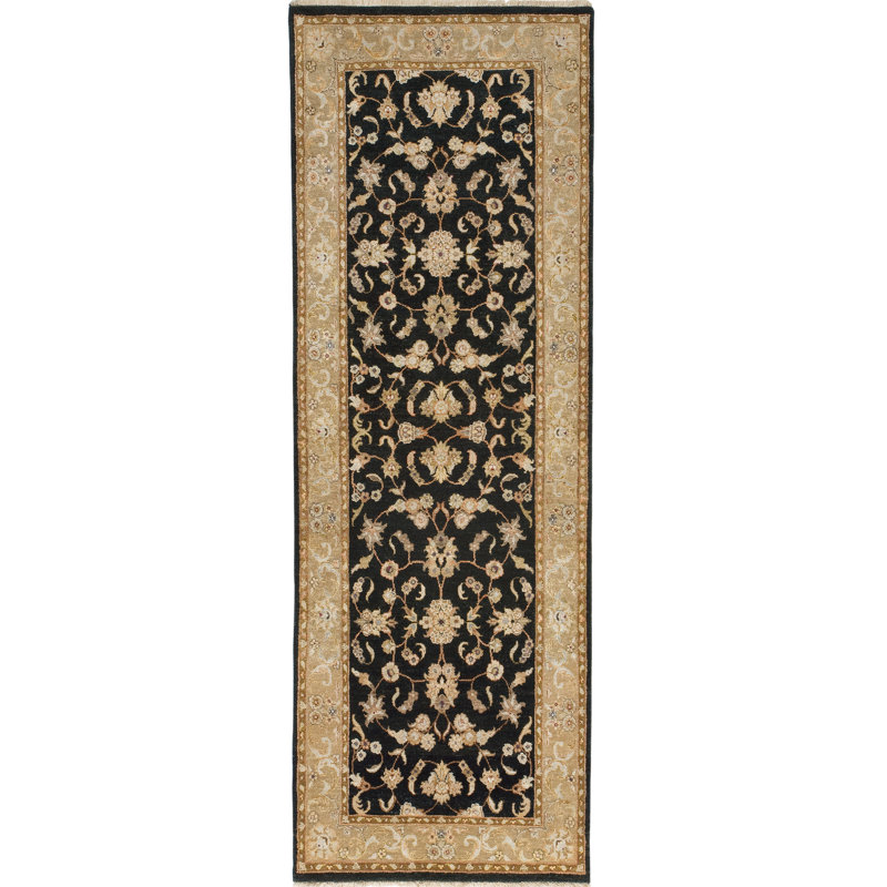 Hand Knotted Oriental Area Rug in Black/Beige, Runner 3' x 22'