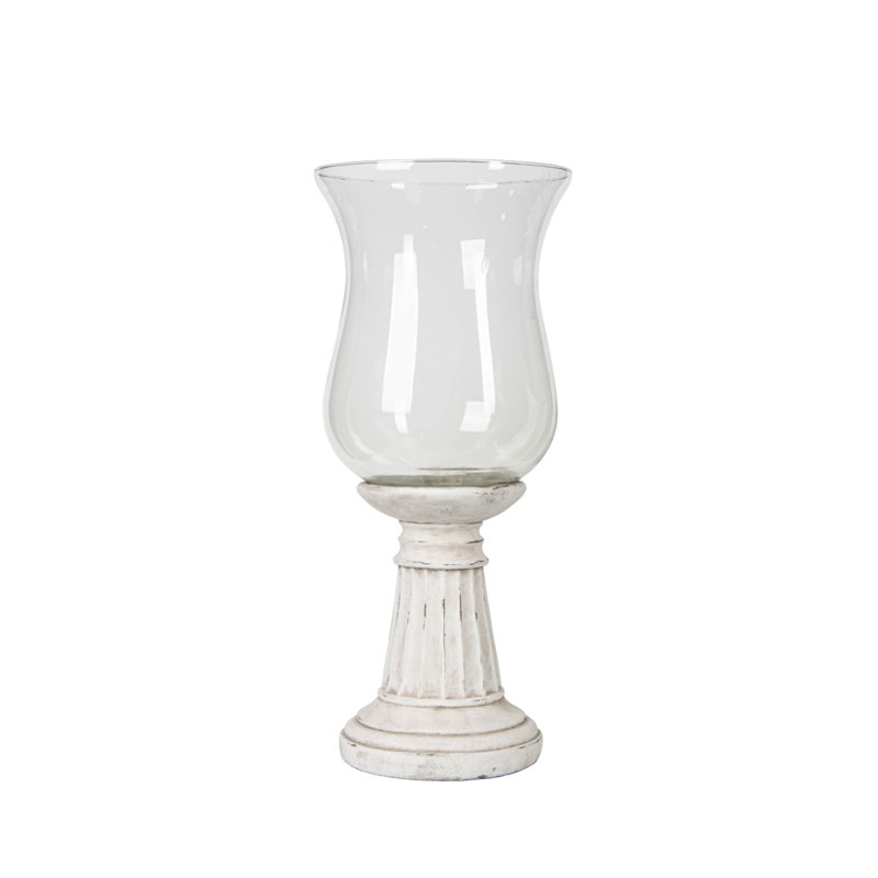 Dianella Antique White Natural Stone Hurricane Candle Holder, Glass Tabletop Candlestick Holders, 61cm H x 27cm W x 27cm D