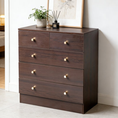 Dark Brown 5-Drawer Tall Chest Of Drawers – Solid Wood Storage Cabinet With Round Wooden Knobs, Modern Farmhouse Style For Bedroom Or Living Room