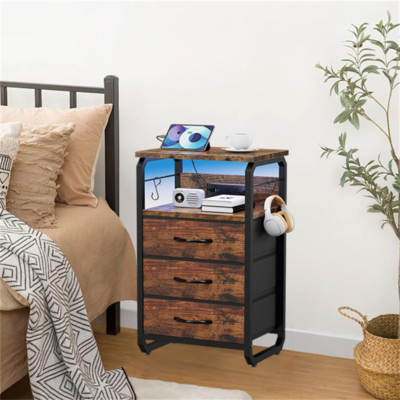 Multifunctional LED Nightstand With Charging Station & Storage, Brown/Black