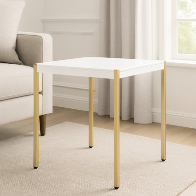 Table de bout carrée avec pieds en métal, blanc et or