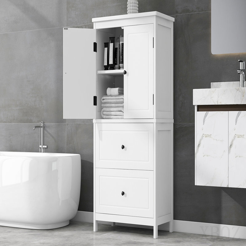 Armoire de rangement pour salle de bain, armoire avec deux portes et tiroirs, tablette réglable, panneau de fibres à densité moyenne, blanc