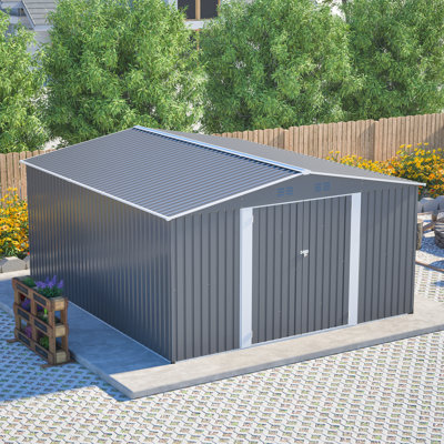 Remise de rangement extérieure en métal 12 * 14 pi avec structure de plancher et porte verrouillable pour la pelouse de patio arrière, gris
