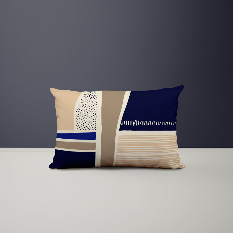 Polyester/Polyester Blend Lumbar Rectangular Indoor/Outdoor Pillow Cover & Insert, Beige / Navy Blue