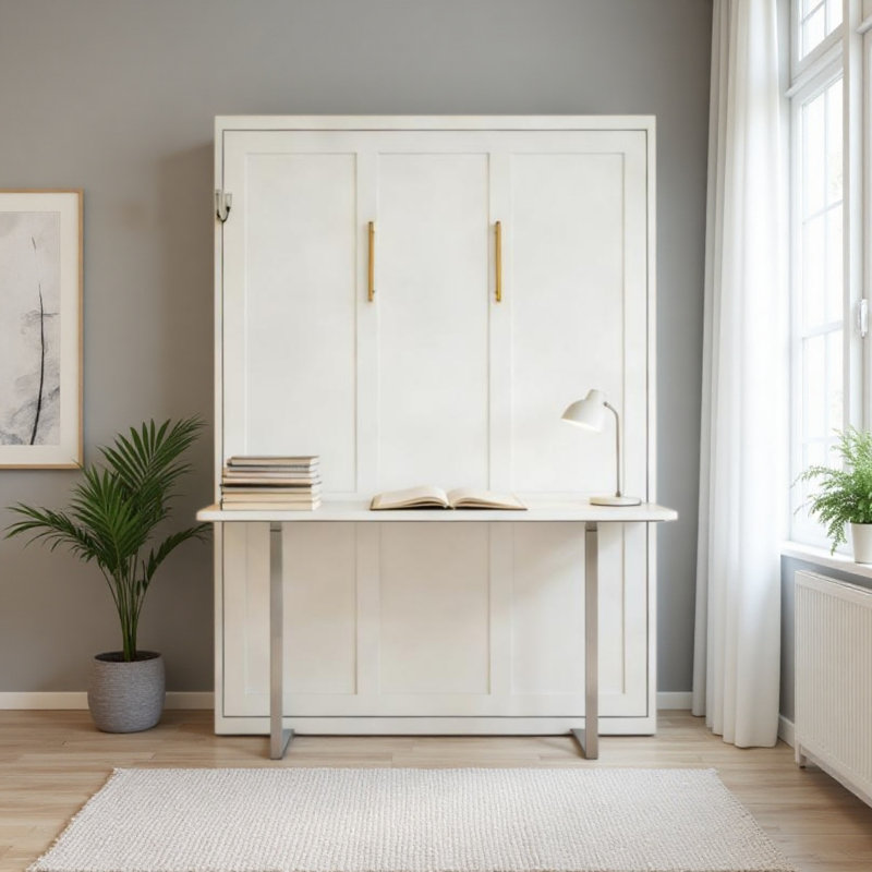 Lit escamotable vertical escamotable grand format facile à assembler avec bureau, pieds automatiques pour hôtel et salon