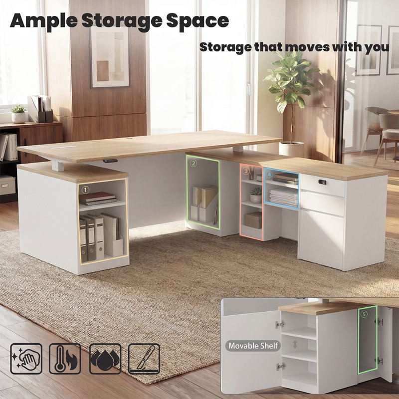 Bureau de direction électrique 71 po en L avec gestion des câbles et centrale électrique, H 29,5 po x l 71 po x P 70,8 po