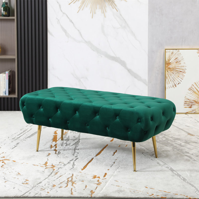 Banc capitonné en velours Sira avec pieds en métal doré, vert
