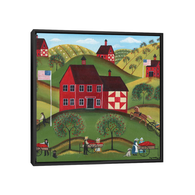 Primitive Americana Red Apple Barn par Cheryl Bartley - impression sur toile tendue, Cadre noir, H 12 po x l 12 po x P 1,5 po