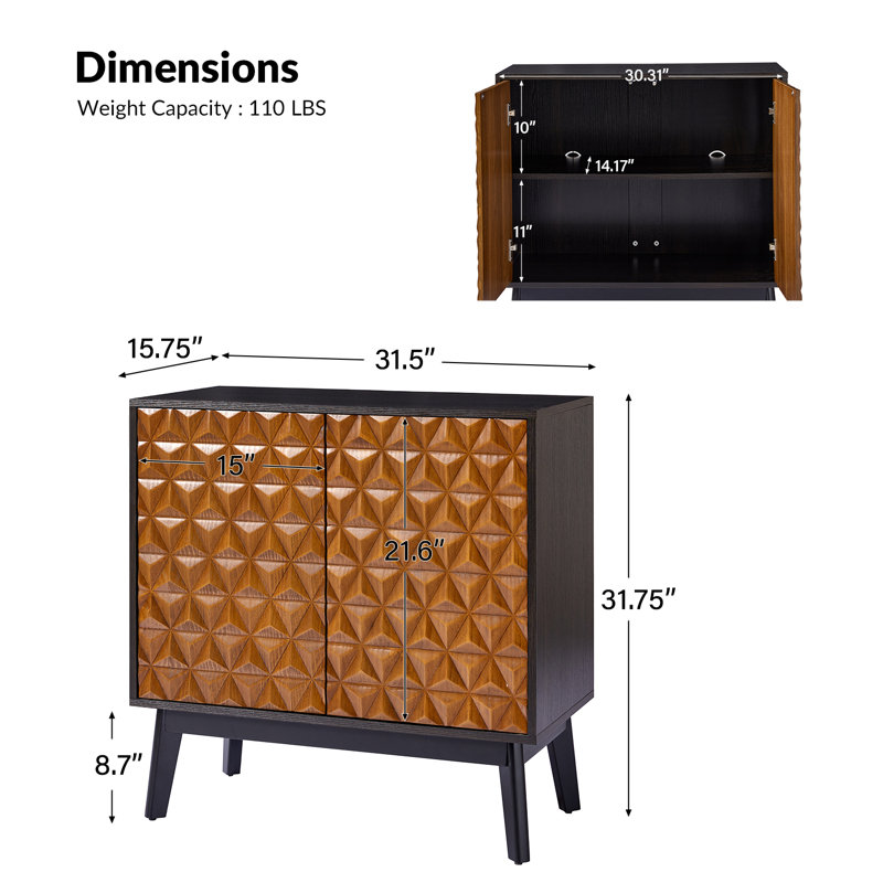 Kuriko 32" Tall 2-Solid Wood Door Accent Cabinet with Adjustable Shelves, Black