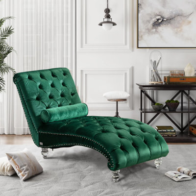 Chaise longue rembourrée en velours sans accoudoirs avec coussin lombaire et garniture cloutée de 29 po Danuta