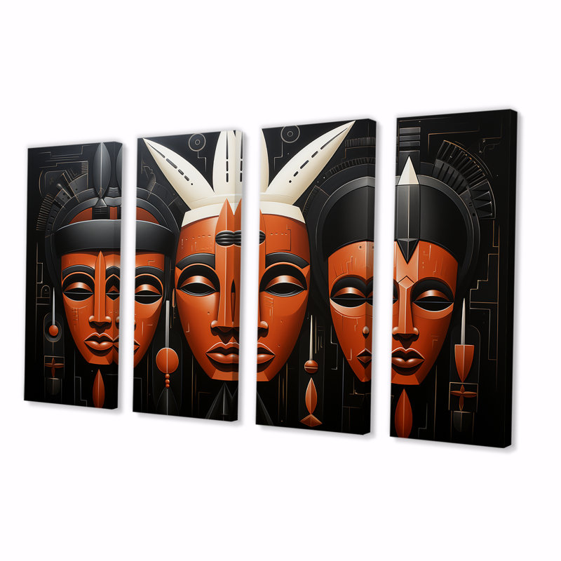 Black And Orange African Kuba Patterns Mask - African Mask 4 Piece Wall Art Set, 28" H x 48" W