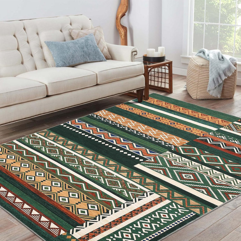 Vintage Patchwork Rug Washable Grey Hallway Non Slip Geometric Carpet Stain Resistant Tribal Soft Mat Low Pile Foldable