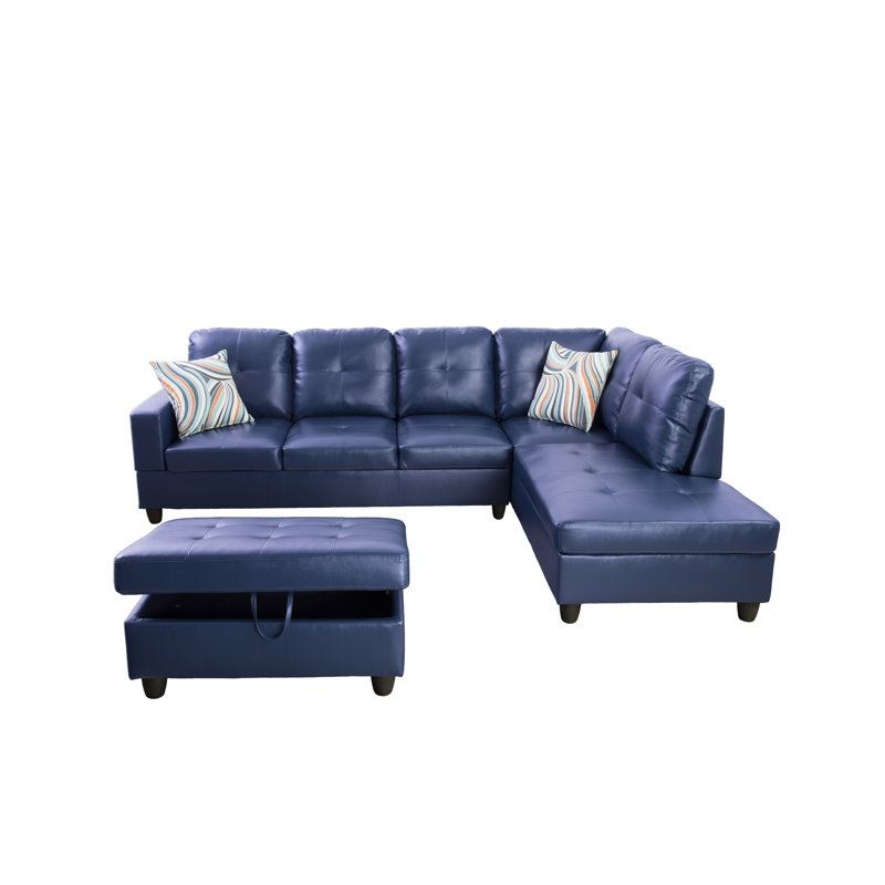 Canapé et chaise longue avec repose-pieds Beesley, Orienté à droite, Noir, Similicuir bleu indigo