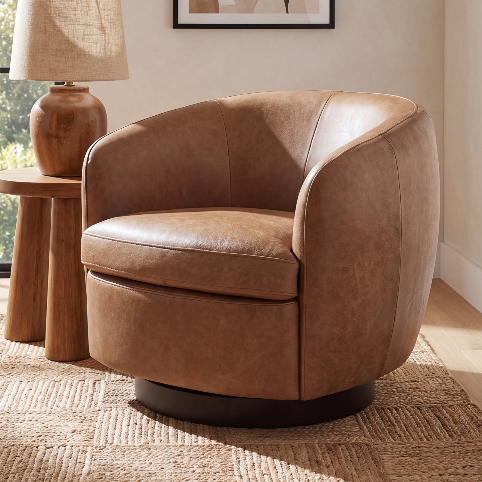 Marcy Genuine Leather Swivel Barrel Chair, Marseille Brown, Espresso