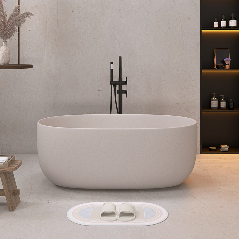 Baignoire de trempage en pierre autoportante 51 po moderne à surface solide avec trop-plein et bonde escamotable, Beige