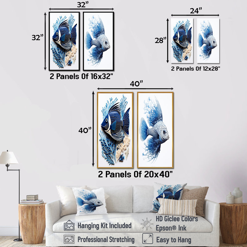 Monochromes de poissons bleu et blanc - Ensemble de 2 reproductions d'art mural corail sous l'eau, Toile tendue