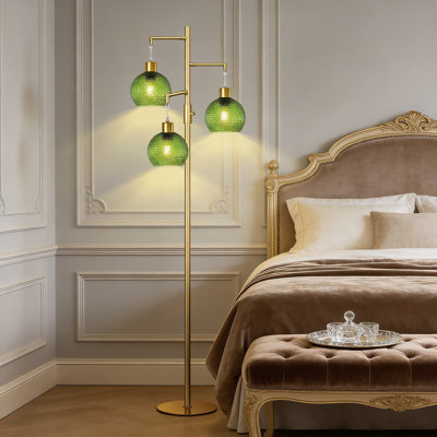Modern Dimmable Floor Lamp With Green Glass Shades, 3-Light Tree Design Standing Lamp For Living Room And Bedroom, Includes 3 LED Edison Bulbs