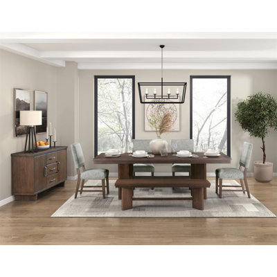 Walnut Finish Modern Dining Set 6Pc Table With Self-Storing Extension Leaf Bench 4X Chairs Upholstered Wooden Furniture