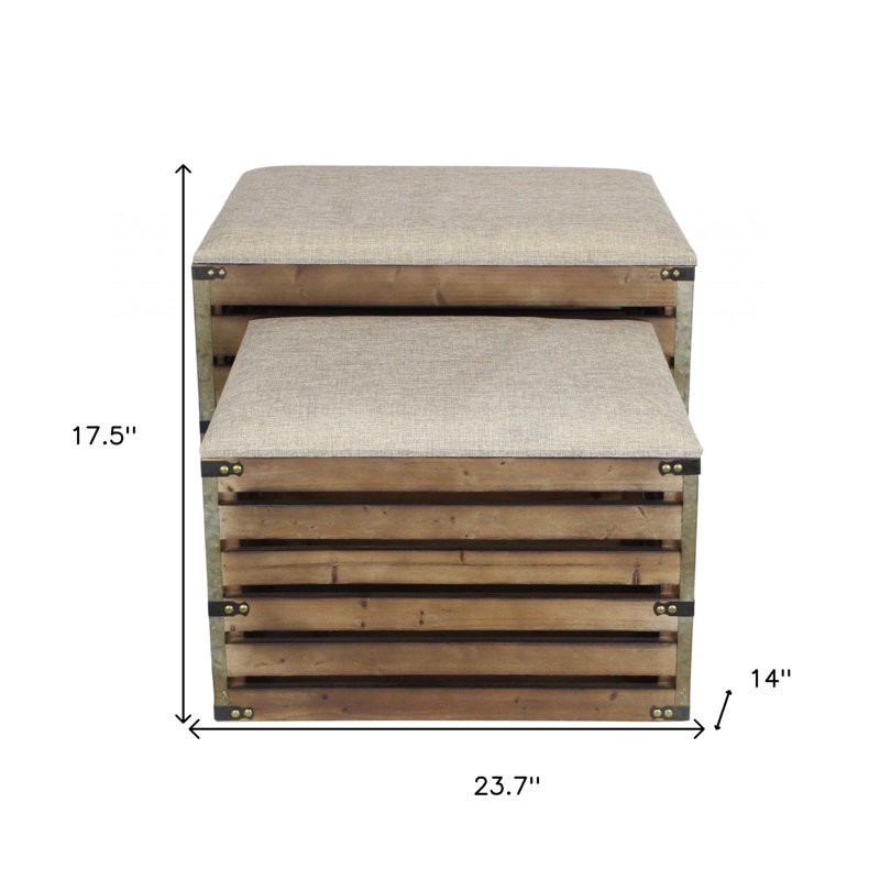 Kilgore (Set of )Two  Wood Slat and Upholstery Storage Benches With Flip Top, 17.5" H x 23.7" W x 14" D, Brown