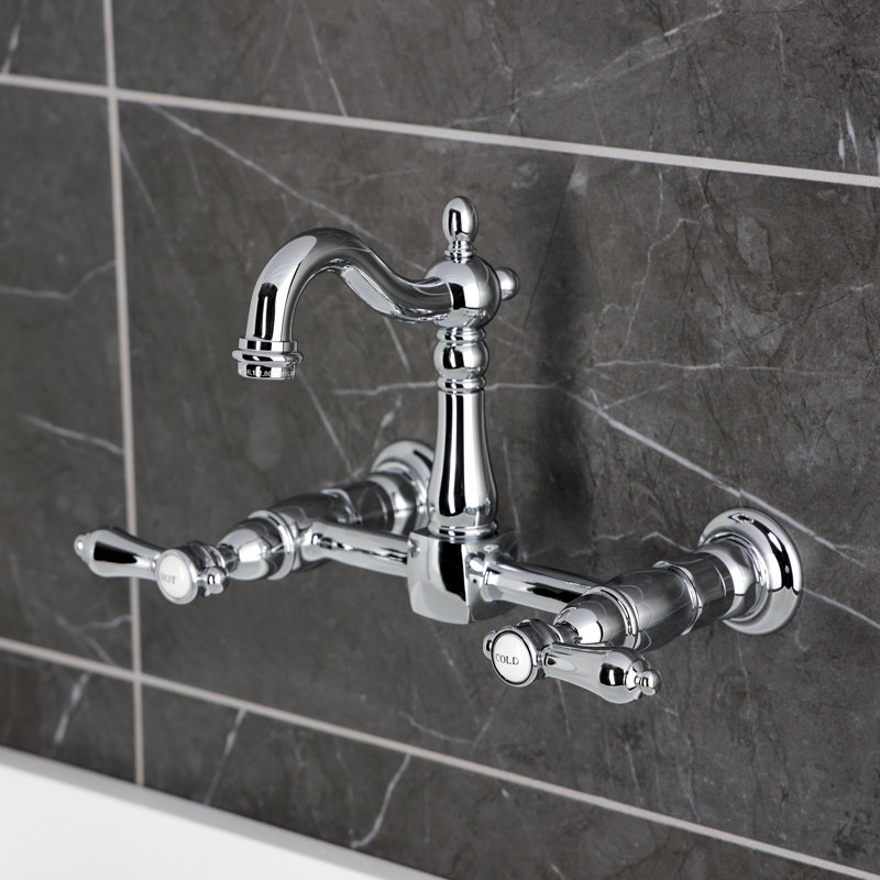 Kingston Brass Heirloom Double-Handle 2-Hole Wall-Mount Bridge Kitchen Faucet, Polished Chrome