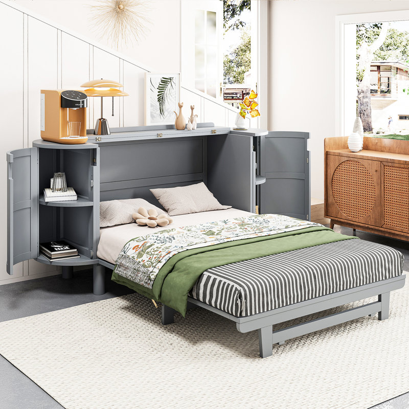 Full Bed With Hidden Storage In Grey. Space Foldable Mattress Option. Stylish Drawer Front Element. Built-In Side Areas. And Scratch- Construction. Available White 76.4"L X 108.3"W 42"H. Not