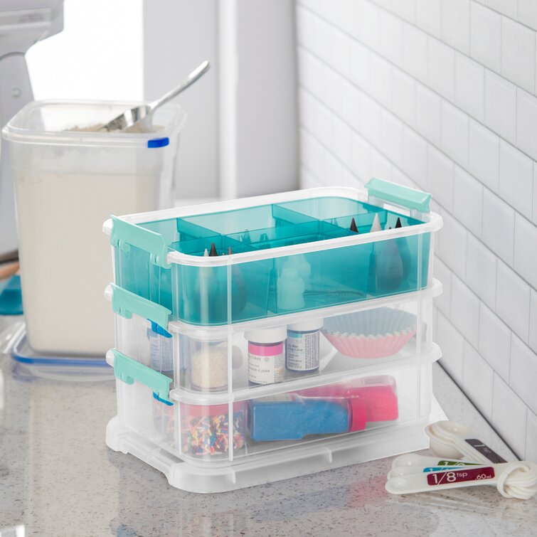 Sterilite Stack and Carry 3 Layer Handle Box and Tray, Plastic Small  Storage Container with Latch Lid, Organize Crafts, Clear with Blue Tray,  12-Pack