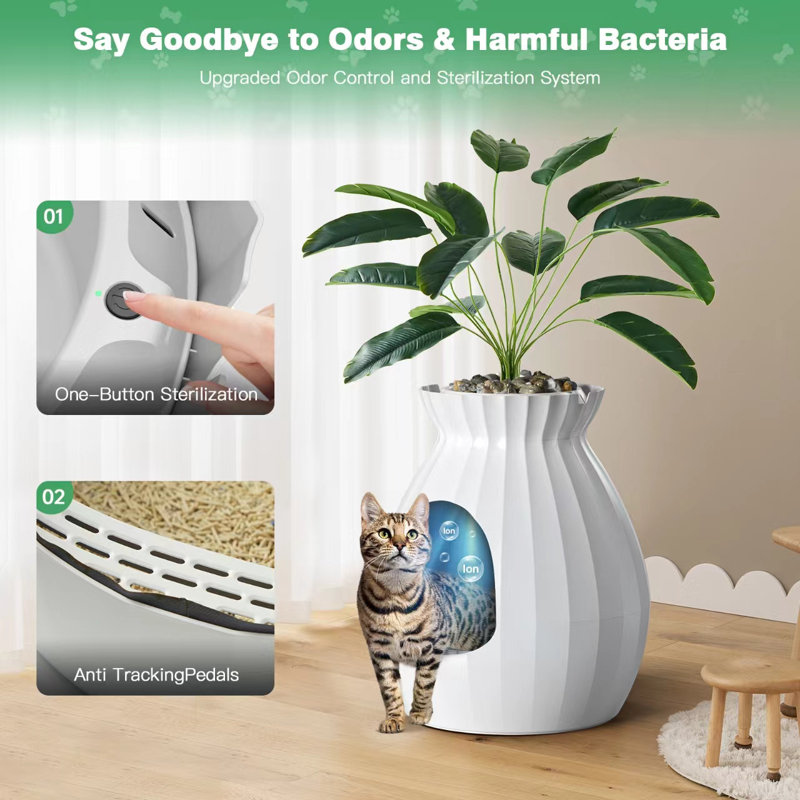 White Large Hidden Cat Litter Box with Faux Plant and Odor Control